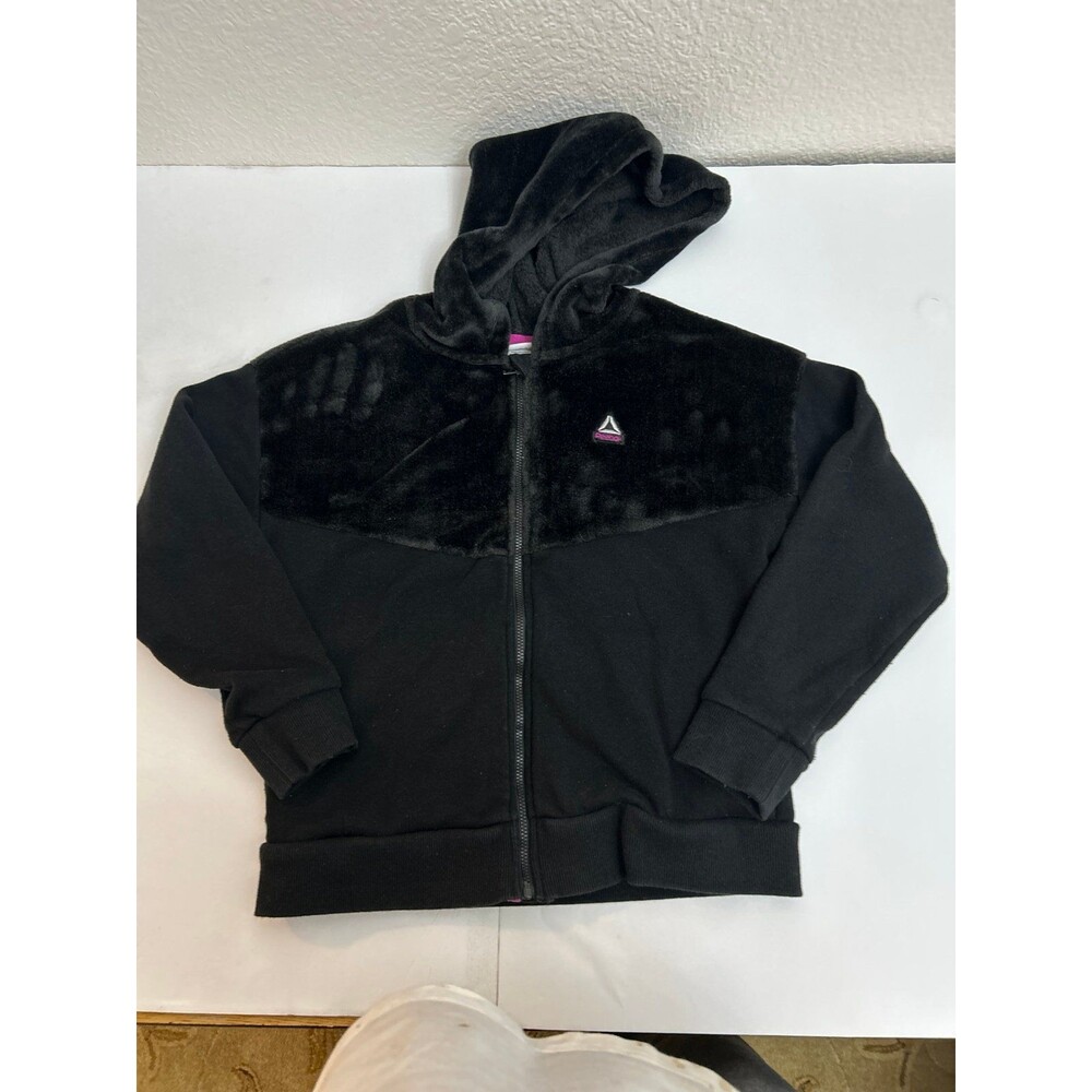 Reebok Full Zip Hoodie Black Faux Fur Panel Sweatshirt size kids L (10-12)